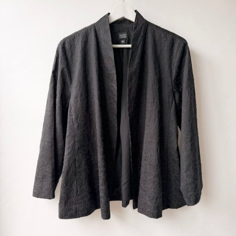 Eileen Fisher Embroidered silk open Jacket – Black Textured Silk Jacket Size L